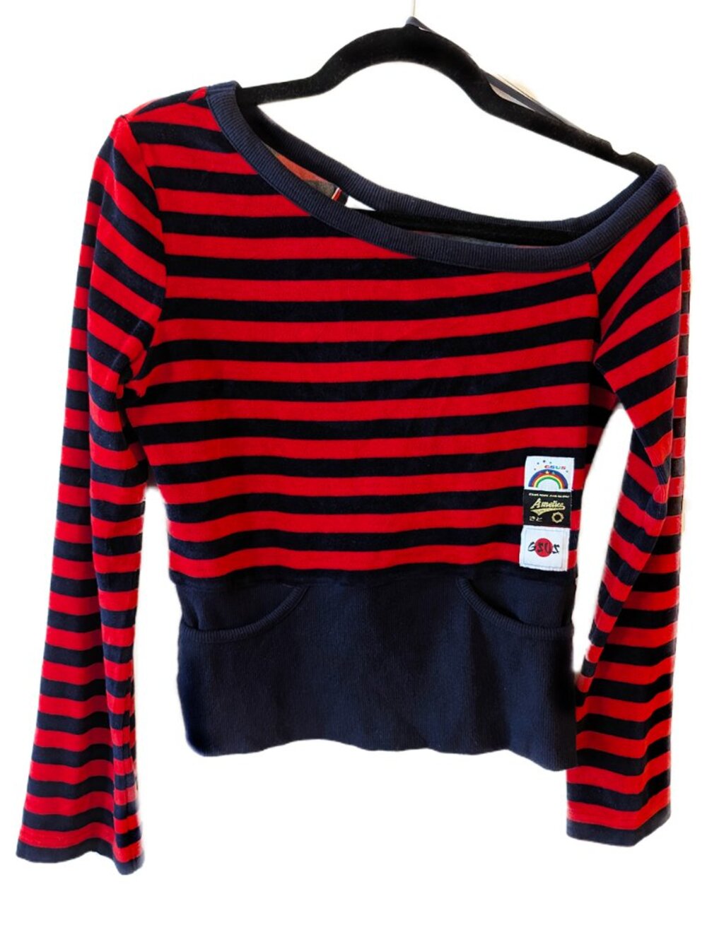 Super Rare Y2K GSUS Sindustries Off The Shoulder Red & Navy Striped Sweater